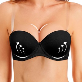 DHX Women's Thick Padded Strapless Push up Bra Lift and Support Convertible Bras with Clear Straps Black, 32A
