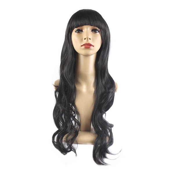 'Xiaoyu 14 67 cm Flat Bangs Long Wavy Women Wigs black