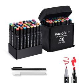 hangfan Art Markers, for Adult Coloring Books No Bleeding,40 Colors Dual Tip Alcohol Markers Brush Tip,Give 1 White Highlighter,1 Tracing Pen,Anime Coloring Sketch Illustrations (Black Pen Container)