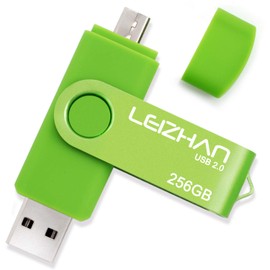 LEIZHAN 256GB Memory Stick USB Dual Port(USB 2.0 & Micro USB) Rotabable Pen Drive 2 in 1 USB flash Drive for Android Smartphones & Tablets & Laptops PC (Green)