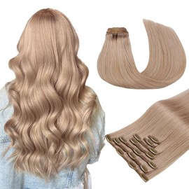MAXITA Hair Extensions Clip in Human Hair,120g 7pcs Champagne Blonde 16 Inch,Clip in Hair Extensions Real Human Hair Extensions Natural Straight Hair for Women