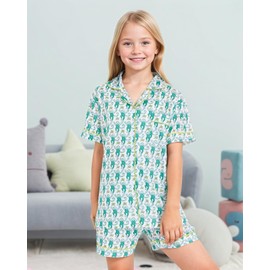 Zelbuck Cute Preppy Clothes, 2 Piece Button Down Monkey Beach Shorts Set Holiday Vaction Y2k Loungewear Pjs(Mint, 12-13 Years)