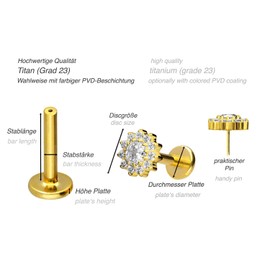 PIERCINGLINE Titanium Labret with Push Fit Crystal Flower Piercing Ear Nose Choice of Colours and Sizes, Titanium