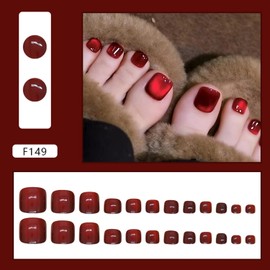 24Pcs Press on Toenails Short Square -Glitter Red Fake Toenails Solid Color Fake Toe Nails Press Ons with Design Full Cover Stick on Nails Glossy Acrylic Toenails Kit for Women and Girls Manicure