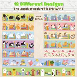 BkeeCten 12pcs Cute Cats and Books Washi Tapes, Trendy Colorful Cats Aesthetic Stacking Book Decorative Tape, Cat’s Paw Artistic Tape for DIY Craft Bookish Book Lover Gift Scrapbook Wrapping Decor