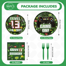 Grencian 96Pcs Green Game Party Supplies Video 13th Birthday Paper Plates and Napkins Tableware Sets Level Unlcked Game Themed Decorations for Kids Gaming Boys 13 Year Old Party Favors Serves 24