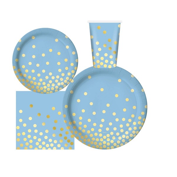 Oojami Serves 50 Complete Party Pack Blue and Gold Party Supplies | 9" Dinner Paper Plates 7" Dessert Paper Plates 12 oz Cups 3 Ply Napkins Blue and Gold Dots Themed Party Supplies