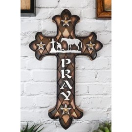 Ebros Gift Western Kneeling Cowboy With Horse In Solemn Prayer At The Foot Of The Cross Pray Fleur De Lis Wall Cross Plaque Inspirational Country Decor Sculpture