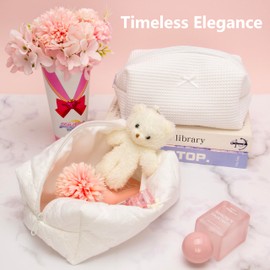 PAZIMIIK Cozy Makeup Bag Small Aesthetic Travel Zipper Cosmetic Pouch for Women Make Up Beauty Accessories Brushes Embroidery White