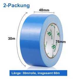 BOMEI PACK 2 Rolls Duct Tape Blue 50 mm x 30 m, Waterproof Tape Fabric, Blue Duct Tape, Gaffer Tape for Repairs, DIY
