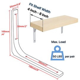 SAYAYO Heavy Duty Floating Shelf Bracket 4 Inch x 4 Inch, Stainless Steel Wall Shelf Brackets & Supports Brushed Nickel L Bracket, Angle Brackets Corner Brace for Wood, 4Pcs