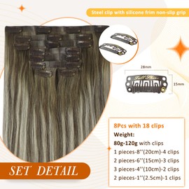 Full Shine Seamless Clip in Hair Extensions Real Human Hair Highlighted Ash Brown and Blonde Hair Extensions Clip in 12 Inch Remy Hair Extensions Clip in PU Weft Clip Hair Extensions 8 Pcs