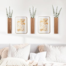 Mokof 3 Pack Wooden Wall Planters with Fake Eucalyptus Stems, Modern Farmhouse Wood Vases Plants Wall Decor for Living Room, Bedroom, Bathroom (Dark Brown)