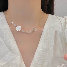 Yienate Bridal Pearl Rose Butterfly Necklace Choker Gold Pearl Chain Crystal Butterfly White Rose Flower Pendant Choker Necklace Charm Wedding Pearl Necklace Jewelry Gift for Women Girls