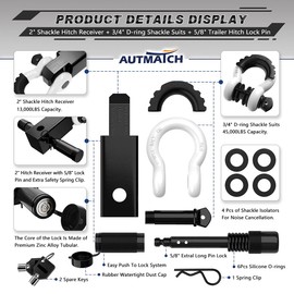 AUTMATCH Shackle Hitch Receiver 2 Inch - 3/4" D Ring Shackle and 5/8" Trailer Hitch Lock Pin, 45,000 Lbs Break Strength Heavy Duty Receiver Towing Kit for Off-Road Vehicle Recovery, Black & White