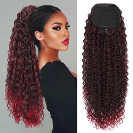 AEYAB Long Curly Drawstring Ponytail for Women Ombre Burgundy Curly Ponytail Extension Red Kinky Curly Clip in Ponytail Hair Extensions for Women 20 Inch