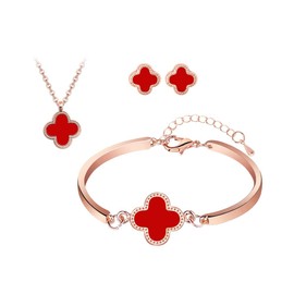 TOFBS Four-Leaf Clover Jewellery Set for Women Girls 18K Rose Gold Plated Double-sided Four-Leaf Clover Pendant Necklace Stud Earrings Bracelet Set Dainty Enamel Jewellery Set (Rose Gold*Red)