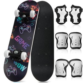 Honoson 7 Pcs Skateboard for Toddlers Beginners Knee Elbow Pads Wrist Guards Gear Set (Game Machine, Age 6-8 Kids 24 x 6'')