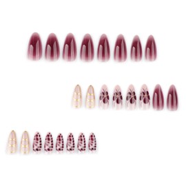 LPOODDNU Almond Medium Fake Nails French Tip Press on Nails Spring Summer False Nails with Five-petaled Flowers Designs Glossy Red Acrylic Nails Glue on Nails Stick on Nails for Women Girls 24Pcs