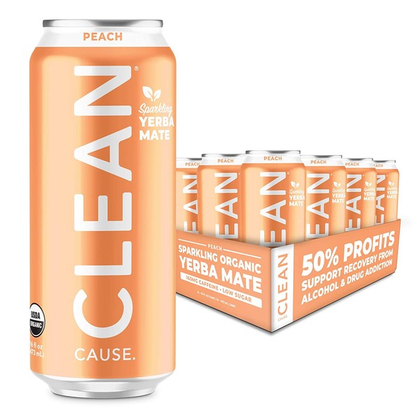Peach Sparkling Yerba Mate - Organic, Low Calorie & Low Sugar (160mg Caffeine), 16oz cans, 12-pack - CLEAN Cause - 50% Profits Support Alcohol & Drug Addiction Recovery