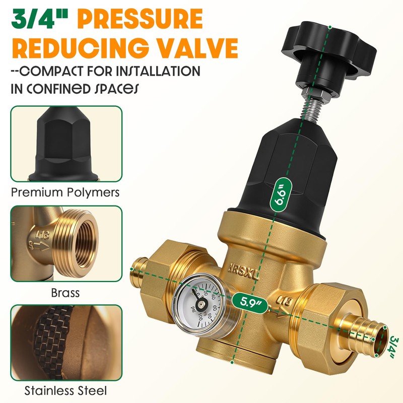 Upgraded 3/4" Water Pressure Regulator, FNPT Double Union, Polymer, Visual