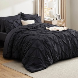 Bedsure Bedsure King Size Comforter Set Black - Bed in a Bag King Size 7 Pieces, GentleSoft? Pintuck Bed Set Gift for Family, Pinch Pleat Black Comforter with Sheets, Pillowcases & Shams