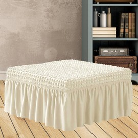 NIDITW Stretch Beige Seersucker Ottoman Cover with Skirt Rectangular Storage Ottoman Slipcover 3D Bubble Texture Footrest Stool Covers Furniture Protector (Beige)
