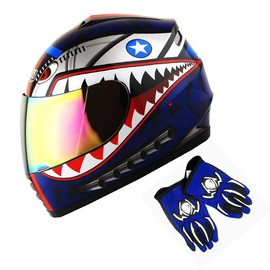 1Storm Youth Kids Motorcycle Full Face Helmet Street Bike BMX MX Shark Blue + MG Youth Glove Bundle