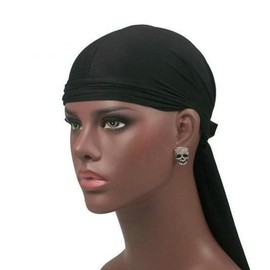 CINY Silky Satin Durag, Breathable Soft Durag with Long Tail Beanies Hat Unisex for Men and Women Bandana Silk Sleep Cap Pirate Hat Bonnet Straps Head Wrap, 1 Black 1 White