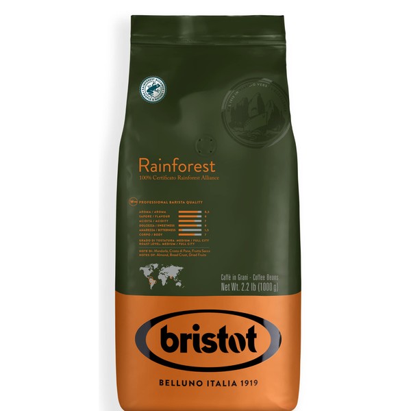 Bristot Rainforest Italian Coffee Beans l Italian Espresso Beans | Medium Roast | 2.2lb/1kg