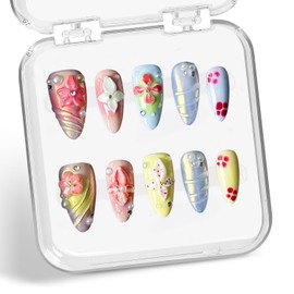 Handmade Press on Nails Luxury 3D Flower Pearl Acrylic Nails Designs Almond Medium Fake Nails Muti-Layer Gel Full Cover French Tips Thick Stick on Nails Gradient False Nails for Women and Girls (M)