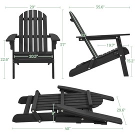 Yaheetech Folding Adirondack Chair Set of 2 Outdoor, 300LBS Solid Wood Garden Chair Weather Resistant, Fire Pit Lounge Chairs for Garden/Yard/Patio/Lawn, Black