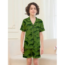 Umeyda Boys Silk Satin Pajamas Set Short Sleeve Sleepwear Pjs Set, Green Dinosaur, 9-10 Years