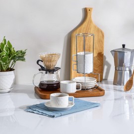 Sureasy Ceramic Espresso Cups Set of 4 – 4 oz White Embossed Cappuccino Cups with Saucers and Metal Stand, Stackable Mugs for Latte, Mocha, Tea, and Specialty Coffee