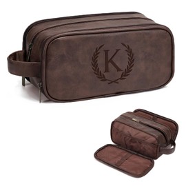 Janhavi Gifts for Father's Day, Waterproof Laser Engraved Initials & Wheat, Make Up Bag for Traveling, Men's Accessories Organizer Groomsmen Gifts for Him Travel Essentials (Medium, Dark Brown, K)