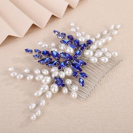 Teyglen Pearl Bride Wedding Hair Comb Bridal Blue Rhinestone Pearl Hair Comb for Party Prom Wedding Hair Accessories for Women Handmade Crystal Hair Piece Headpiece (Blue)