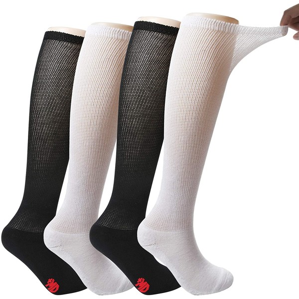 +MD 4 Pack Men’s Extra Wide Non-Binding Diabetic and Circulatory Bamboo Over The Knee Socks with Cushioned Sole 2Black2White13-15