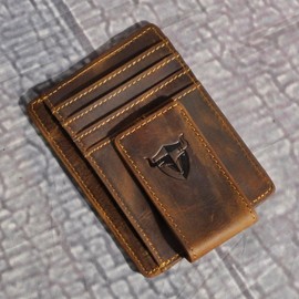 RFID Genuine Leather Magnet Money Clip Credit Card Case Holder Slim Wallet Front Pocket Wild Style (A Brown)