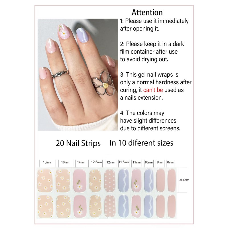 Spring Semi Cured Gel Nail Strips, Flower 20pcs Adhesive UV