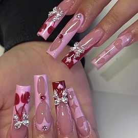 MERVF Square Press on Nails Extra Long Pink Cute Fake Nails 3D Bow Y2K Design Glue ons French Squoval Acrylic Nail Supplies Art DIY Manicure Glossy 24pcs