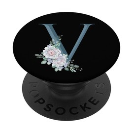 Letter V Teal Blue Floral Initial Monogram on Black