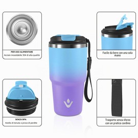 Bicchiere Termico 600ml 20oz, Tazza Termica con Doble Pared Reutilizable, Borraccia Termica in Acciaio Inox, sin BPA, Tazza da Viaggio per Caffe, Termos Caffè para Viajes, Oficina, Deporte, Escuela