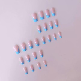 48Pcs Medium Press on Nails Square & Press on Toenails Set, Blue French Tip Fake Nails Full Cover Glue on Nails French Press on Toe Nails Glossy Acrylic Nails Kit for Women Manicure