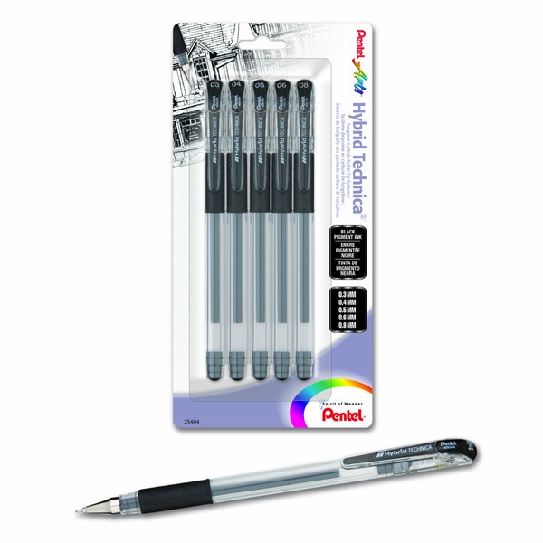 Pentel Arts Hybrid Technica Gel Pen with Assorted Tip Sizes,