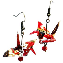 Origami Good Luck Paper Crane Earrings, Red Cream w/Czech Glass Bead, Birthday 1st Anniversary Gift