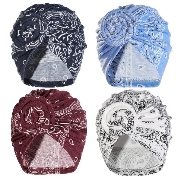 Pre Tied Head Wraps for Women - African Paisley Print Turban Hat Stretch Boho Knot Bonnet Hair Wrap for Black Womens