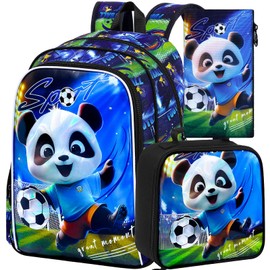 TXHVO 16" Panda Soccer Backpack Set for Boys 4-8, 3Pcs Kindergarten School Bag with Football Lunch Box, Lightweight Bookbag (Blue)