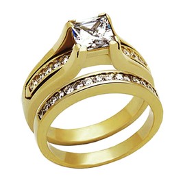 MABELLA Gold Plated Stainless Steel Cubic Zirconia Princess Cut Women's Wedding Engagement Bridal Ring Set Size 9