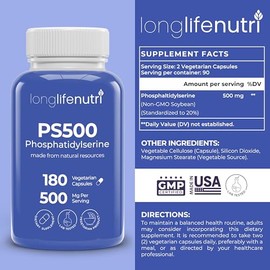 LongLifeNutri Fosfatidilserina pura 500 mg – 180 pastillas vegetarianas, suministro para 3 meses, suplemento para fortalecer la memoria, la concentrac