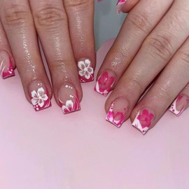 KTAABTR French Tip Press on Nails Short Square Nails Pink White Flowers Fake Nails with Glue Glossy Acrylic Nails Design Full Cover False Nails Stick on Nails for Women Girls DIY Manicure Tips